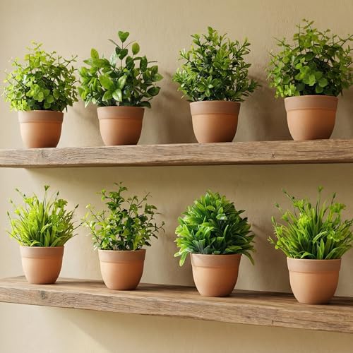 Image of Dekorly Artificial Potted Plants, Artificial Plastic Eucalyptus Plants Small Indoor Potted Houseplants, Small Faux Plants for Home Decor Bathroom Office Farmhouse (Round Brown Pot-8)