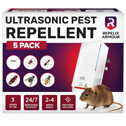 REPELIX ARMOUR Indoor Ultrasonic Pest Repeller – Pack of 5 – Covers 140m² per Device – 3 Modes – Repels Mice, Rats, Spiders, Mosquitoes, Ants, Bugs & Flies