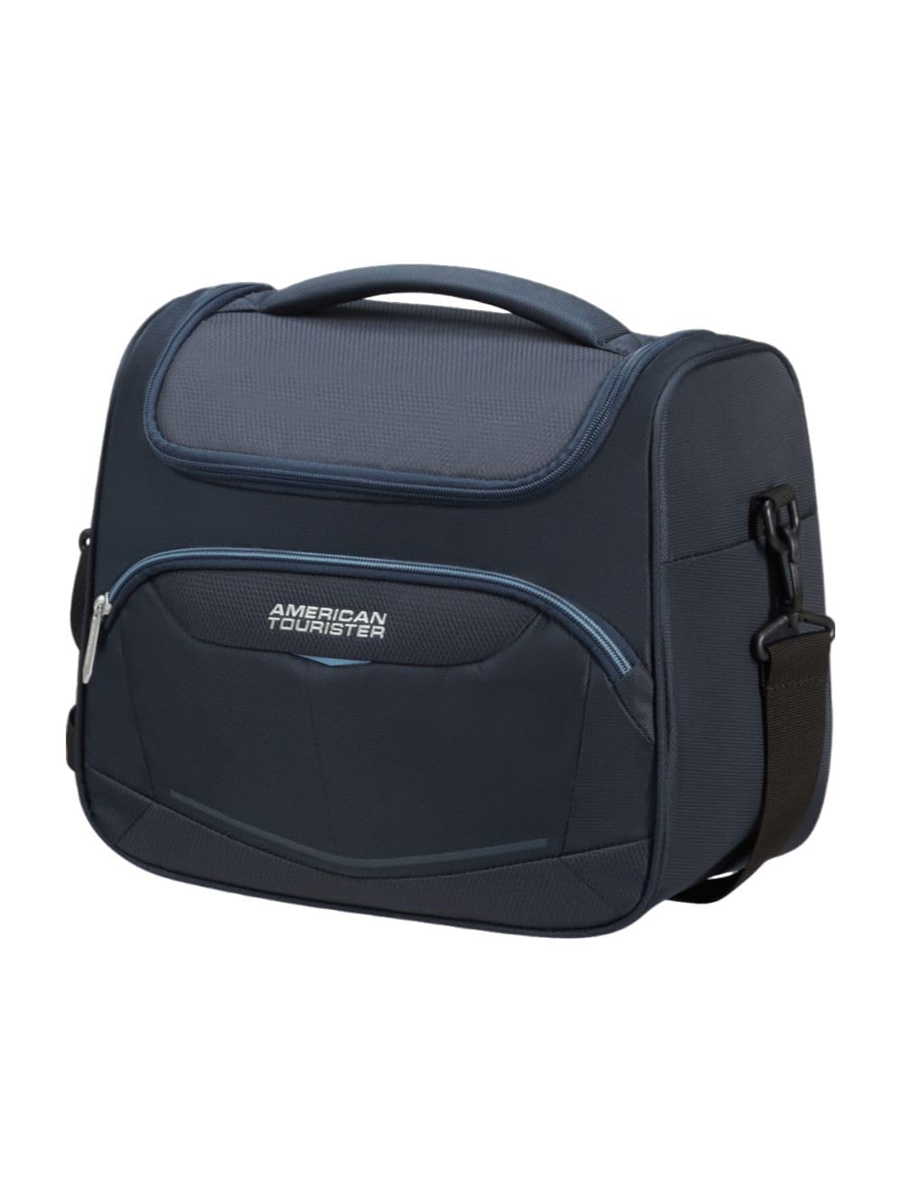 American Tourister Neceser suave con correa de hombro extraíble y ajustable. Cuenta con un gran compartimento principal cerrado con cremallera, bolsillos internos y divisores. Cuenta con un bolsillo