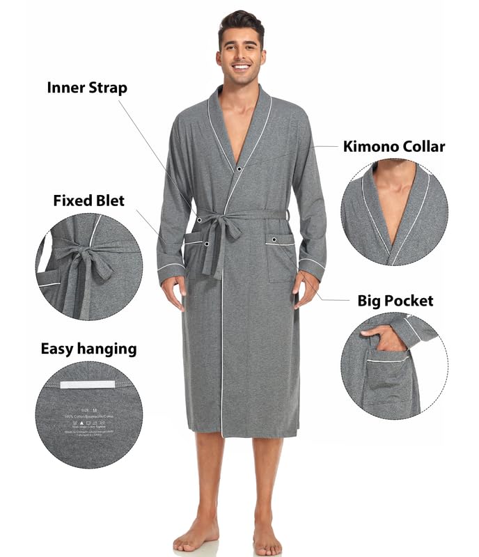 CF Mens 100% Cotton Robe Lightweight Knit Kimono Bathrobe Long Sleeve Sleepwear Soft Knee Length Robe with Pockets M-2XL4