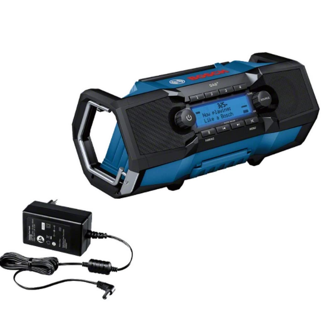 MEEGEEM Bosch Professional 18V System Akku Baustellenradio GPB 18V-2 SC (Empfang über DAB+, Bluetooth, FM und AUX, inklusive Netzteil, AUX-Kabel, 3V Lithium-Knopfzellen-Batterie, im Karton)