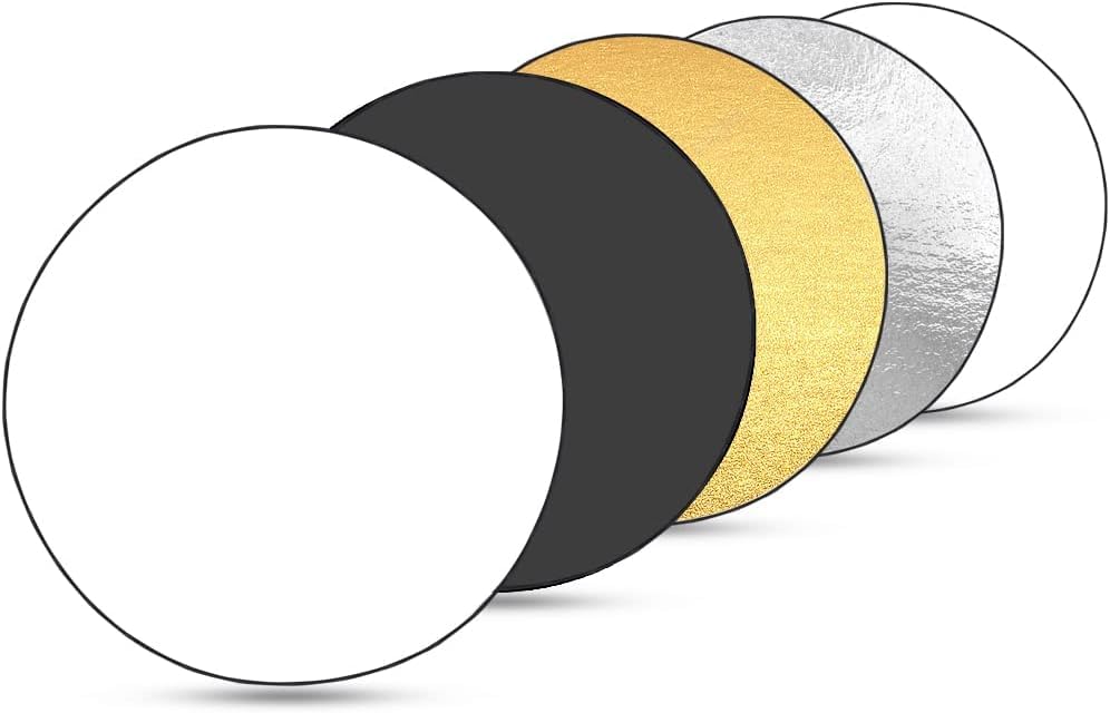 Rebatedor Fotografico, Rebatedor E Difusor Circular, Refletor de Luz 5 em 1 E Meio, Disponível em Transparente, Prata, Ouro, Branco E Preto, Diâmetro Redondo: 110 CentíMetros, Dobrável Saco