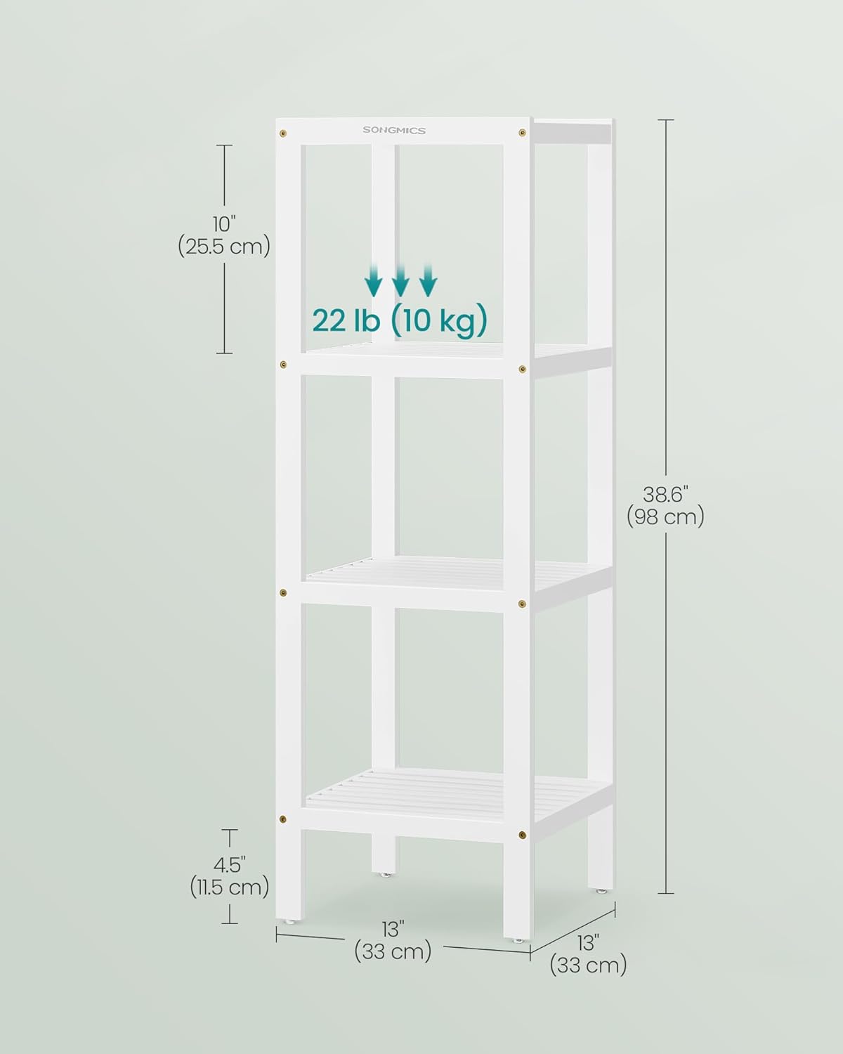 Diagram showing dimensions and weight capacity of the 4-tier bamboo shelf