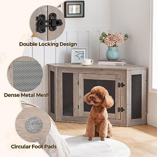 MAHANCRIS Eck Hundekäfig Möbel, Hundebox für Zuhause, im Innenbereich, 113 x 60 x 60 cm, Haustierkäfig für Kleine und Mittelgroße Hunde, Multifunktional, Vintage-Stil, Verwittertes Grau ADCHG0801