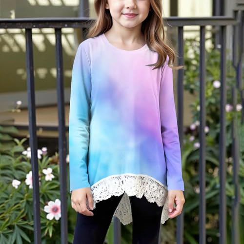 Girls Cute Tops Loose Fit Long Sleeve Iregular Lace Trim Boho Blouses Fall Fashion Casual Crewneck Tunics Size 10-122