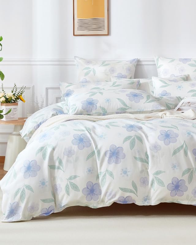 Gezu Bettwäsche Baumwolle 135x200 cm Lila Weiß Blätter Blumen Muster Pflanzen Wende Bettwäsche Set Bunt 100% Baumwolle Allergiker Weich Bettwäsche mit Reißverschluss und 1 Kissenbezug 80x80 cm