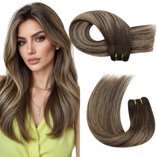 Image of Moresoo Sew in Hair Extensions Straight Hair, Balayage Brown with Blonde | 16 Inch 100g, smooth real human hair creates natural movement, suited to brunch outings, cafe visits and relaxed styles