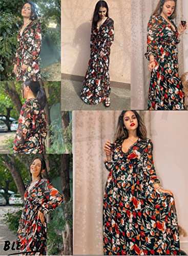 Image of BLENCOT Womens Casual Boho Floral Printed V Neck Long Sleeve Long Maxi Dress Spring Summer Dresses