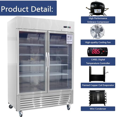Image of 54 inch Commercial Refrigerators with 2 Glass Door, 42.2 Cu.ft. Reach-in Commercial Fridge, Commercial Fridge with Fan Cooling, Digital Temperature Display, ETL Certified for Restaurant, Bar