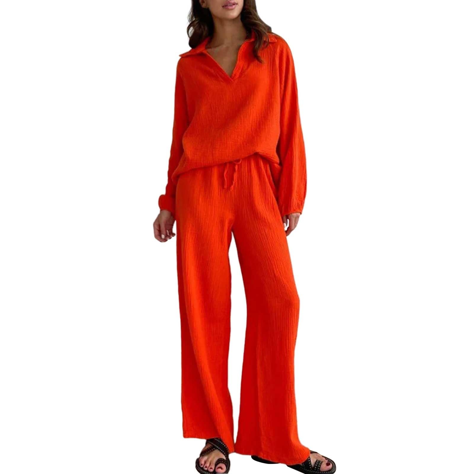 Gefomuofe Conjunto de 2 piezas de verano para mujer, traje de ocio de algodón y lino, manga corta, conjunto de pantalones casuales de chándal liso, pantalones casuales, cuello redondo, camisa y