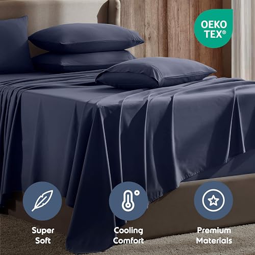 Image of Nestl Extra Deep Cal King Sheet Set - 6 Piece Breathable & Cooling Sheets - Hotel Luxury Bedding Set w /18-24 Inch Deep Pockets - Easy & Secure Fit - Super Soft, Wrinkle Free & Comfy - Navy Blue