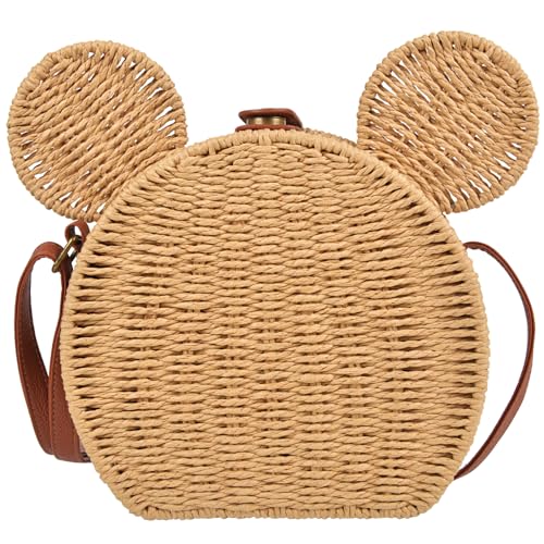 Mouse Ear Straw Purse for Women - Kawaii Rattan Woven Boho Crossbody Bag, Summer Wicker Beach Clutch handbags for Vacation