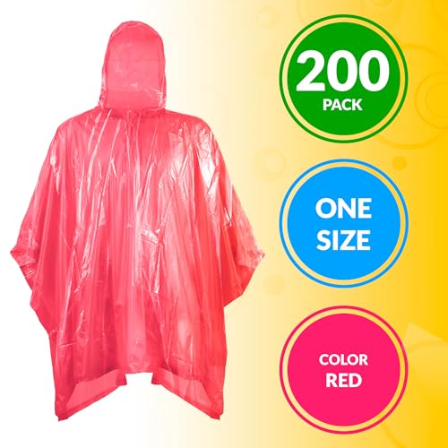 ABC Red Disposable Rain Poncho, One Size. Polyethylene Rain Ponchos for Adults with Hood. Waterproof Raincoat for Hiking, Park, Camping, Travelling. Lightweight, Compact, Portable.2