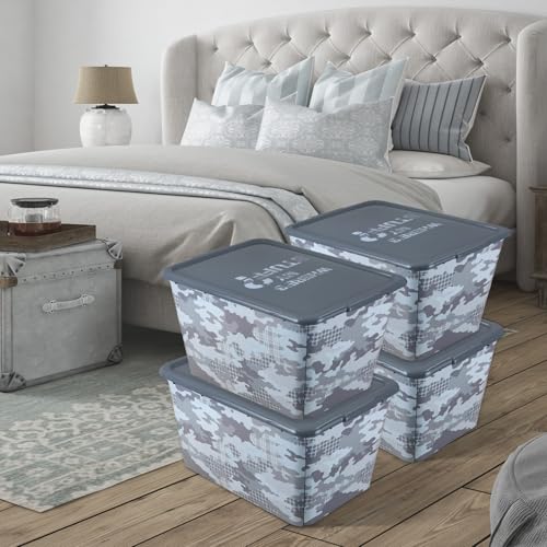 Image of SIMPLYKLEEN 4 Packs 58 QT Plastic Storage Bins with Grey Camoflauge Print Lids, Stackable Storage Container, Large Storage Box for Organizing Garage, Closet, Kitchen, Made in the USA