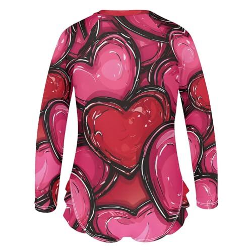 Girls One Piece Swimsuits Hearts Red Pattern Beach Swimwear Long Sleeve Bathing Suit3