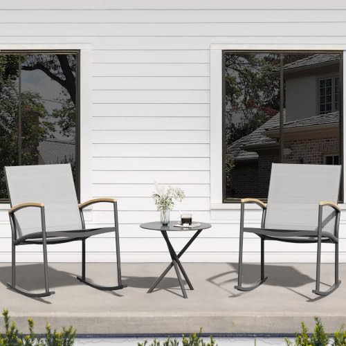 Image of Shintenchi 3 Pieces Patio Rocking Bistro Sets,Outdoor Textilene Fabric Conversation Bistro Set,Front Porch Rocker Chairs Small Patio Furniture Set with Table for Lawn,Garden,Balcony(Light Gray)