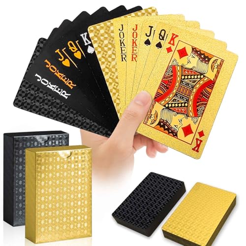 Wugauwor 2 Jeux de Cartes en Plastique Imperméable, Cartes à Jouer Or et Noir, Carte a Jouer en Diamant pour Le Bridge, Blackjack, Tarot et Les Jeu de Carte
