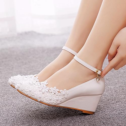 Women's Ankle Strap Buckle Wedges Heel Bridesmaid Wedding Shoes, Sexy Dress Bridal Heels, Closed Toe Bride Pumps2