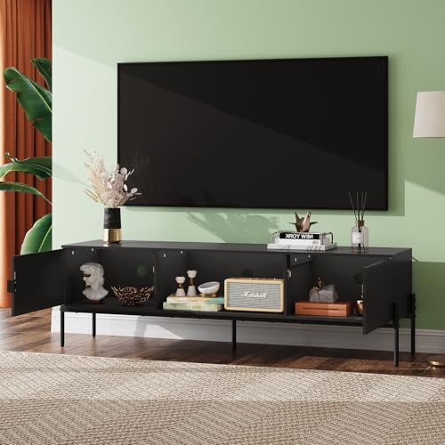 Image of WLIVE 58 inch TV Stand for 65 Inch TVs, Mid Century Modern Entertainment Center with 2 Storage Cabinets & Open Shelf, Media Console Table with Metal Legs for Living Room, Bedroom, Black
