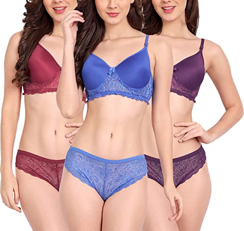 Image of FIMS - Fashion is my style Women Cotton Floral Lace Padded, Non-Wired, Full Coverage, Seamless Bra Panty Set, Multicolor, Lingerie Set