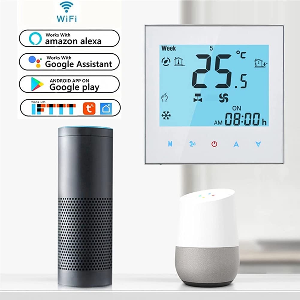 Termostato Smart Wifi Aria condizionata Regolatore di temperatura con schermo LCD a 2 tubi, Funziona con Alexa Google Home, Illuminazione morbida dello schermo, 95~240 V CA.
