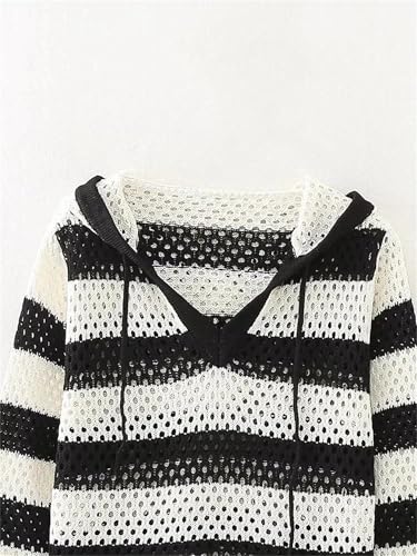 Women Striped Hollow Out Short Sweater Spring Summer Long Sleeved Hooded Knitted Pullover Tops2