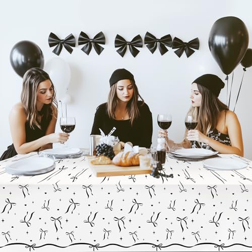 Image of Avezano 6 pcs Black Bow Tablecloths 108x54 inch Bow Birthday Decorations Black and White Bow Plastic Table Cover Disposable Bachelorette Party Supplies