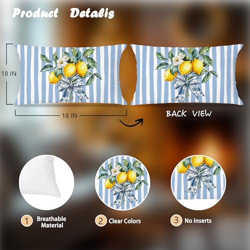 Image of Yellow and Blue Summer Italian Mediterranean Amalfi Coast Lemon Pillow Cover Decor 12x20,Italian Striped Decorative Throw Pillow Cover Decor for Couch Double-Sided Set of 2