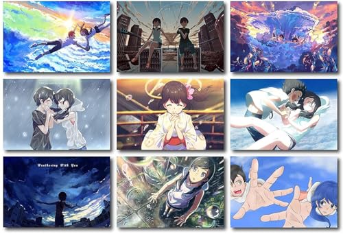 Image of ATEVON Weathering With You Wall Poster Set - Pack of 18 Mini Collage Prints (6x4 Inch) Featuring Makoto Shinkai's Art - Japanese Manga Room Decor, Unframed Wall Decoration for Fans