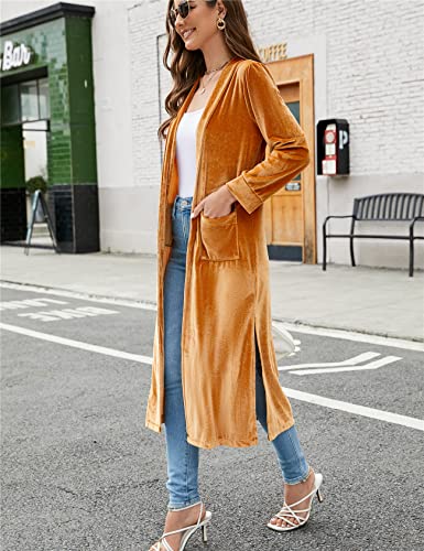 Image of Women's Long Velvet Cardigan Jacket Lapel Collar Open Front Vintage Cardigan Sweater with Pocket