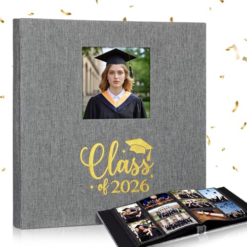 Crtiin Class of 2026 Graduation Album 600 Photos 4 x 6 Inch Picture 40 Pages Gray Linen Graduation Memory Book with Cover Display Window DIY Album for School College Graduate Party Gift
