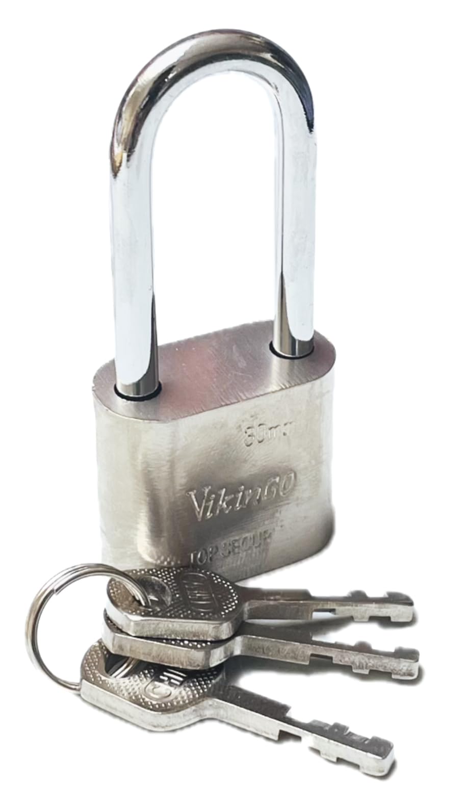 Vikingo Long Shackle Padlock with 3 Keys, Heavy Duty Security Lock, 30mm Outdoor Gate, Garage, Shed Lock, Silver