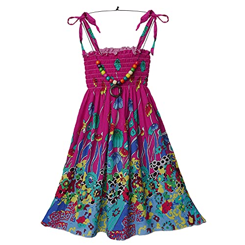easyforever Kids Little Girls Bohemian Dress Floral Sleeveless Suspender Dress Beach Sundress with Necklace