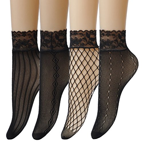 Jormatt 4 Pairs Women Lace Fishnet Socks Nylon Sheer Ankle Dress Socks Low Cut Black Sheer Thin Novelty Cuff Socks For Flats Heels Bootie Shoes, Size 4-8