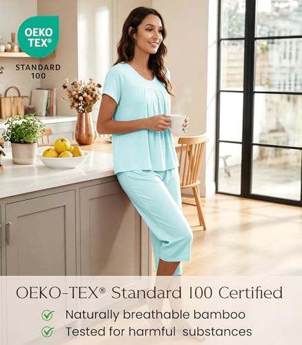 Image of NACHILA Pajamas for Women-Viscose Made from Bamboo,Short Sleeve Sleepwear Cooling Pjs Top Ladies Soft Capri Pants Pajama Sets
