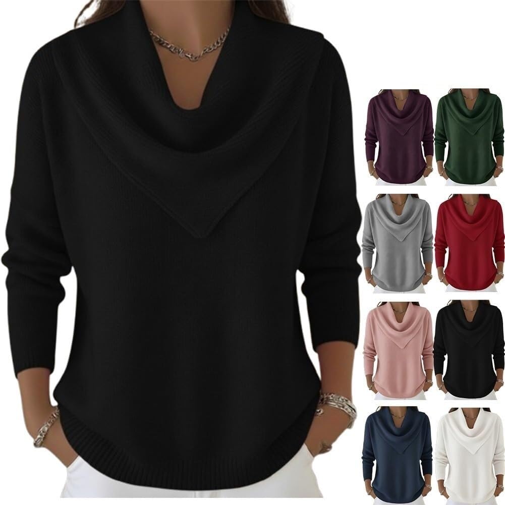 Elegant Retro Soft Triangle Neck Solid Color Sweater Top Cozy Long Sleeve Knit Pullover Cowl Women Winter Tops