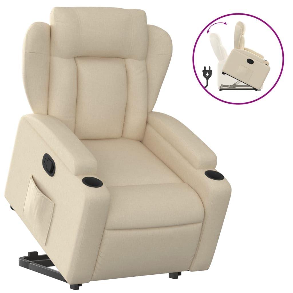 Sillón elevador eléctrico reclinable de tela color crema con elevación automática y respaldo manual, cómodo con portavasos y bolsillo lateral, estructura estable