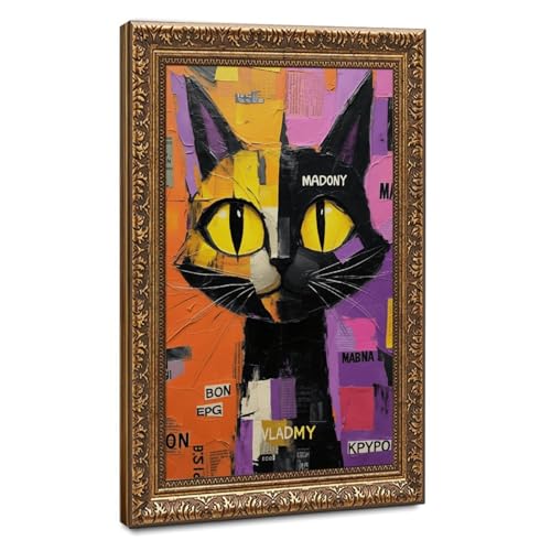 Poster graffiti chat noir sur toile Mnyuein 30,5x45,7 cm avec cadre doré rétro