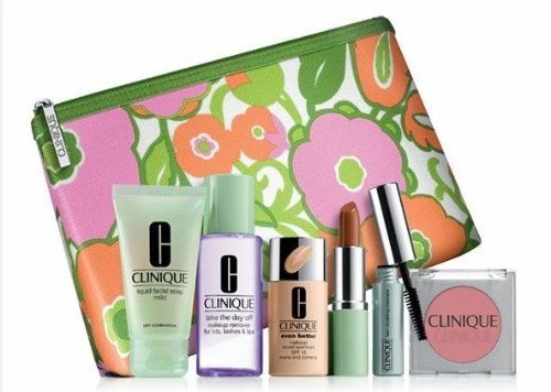 2013 New Clinique 7pc Skin Care & Makeup Gift Set: Even Better Makeup, Lash Doubling Mascara, Take the Day Off Makeup Remover, Liquid Facial Soap, Different Lipstick, Soft-pressed Powder Blush and Cosmetic Bag