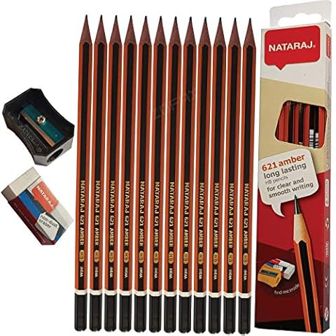 NATARAJ 621 Amber 12 x Wood Premium HB Pencils Eraser Sharpener + 1 x ZOFAX Smooth BLACK Ball Pen Cover