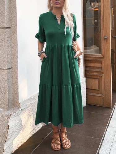 Image of Mieazom Short Sleeves Maxi Dress for Women A Line Summer Dress V Neck Casual Loose Tiered Long Dresses with Pockets