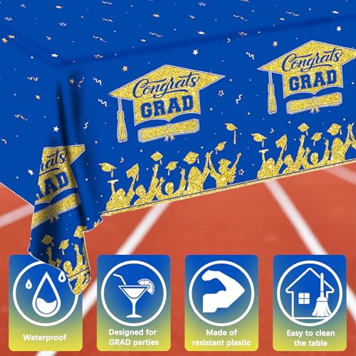 Image of Graduation Decorations 2026-2 Pcs Blue and Gold Gongrats Grad Tablecover for Graduation Party Decorations, Class Blue Plastic Table Covers 54 inchx108 inch