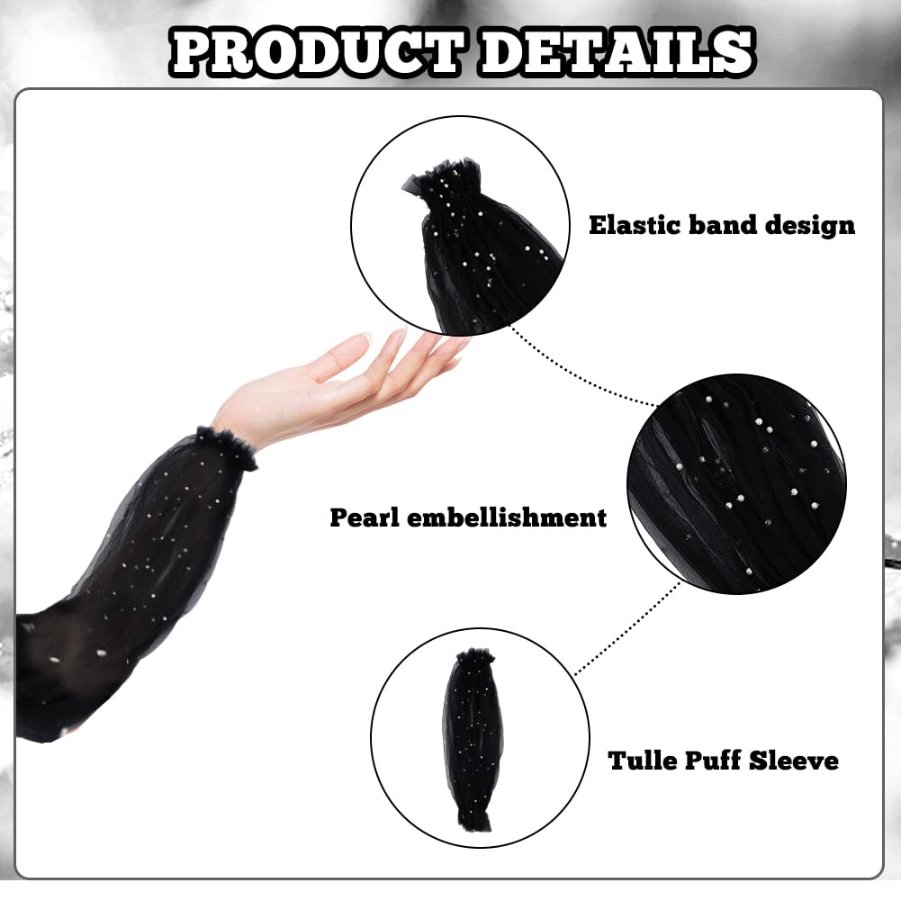 Hobbspring 2Pcs Lace Puff Sleeves Removable Tulle Sleeves Black Pearls Beaded Mesh Puff Arm Sleeves Long Tulle Sleeves for Women Wedding Dress Prom Opera Theme Evening Party - Image 3