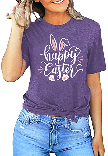 Image of Women Happy Easter T Shirt Bunny Rabbit Graphic T-Shirt Funny Letter Printed Shirts Short Sleeve Tops