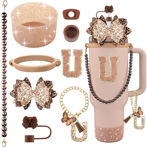 Hpebl 9PCS Brown for Stanley Cup Accessories Set Bling Initials Bow Charms for Stanley Decorations 30/40 Oz Tumbler Accessories Including Bow Straw Topper, Handle Strap, Spill Stopper(Letter U) - image 1