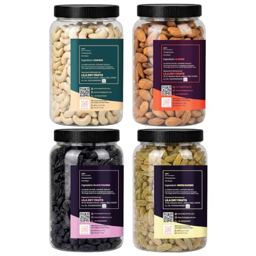 Image of LILA DRY FRUITS Dry Fruits Combo Pack of Almonds, Cashews, Green Raisins & Black Raisins 100 Gms x 4 Mixed Dry Fruits for Healthy Snacking Perfect for Gifting
