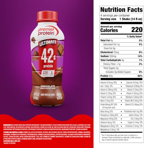 Image of Premier Protein ULTIMATE 42g High Protein Shake, Chocolate, 4 Pack | 220 Calories, 2g Sugar, 24 Vitamins & Minerals, Supports Muscle Health, Gluten-Free, Protein Snack, 14 oz
