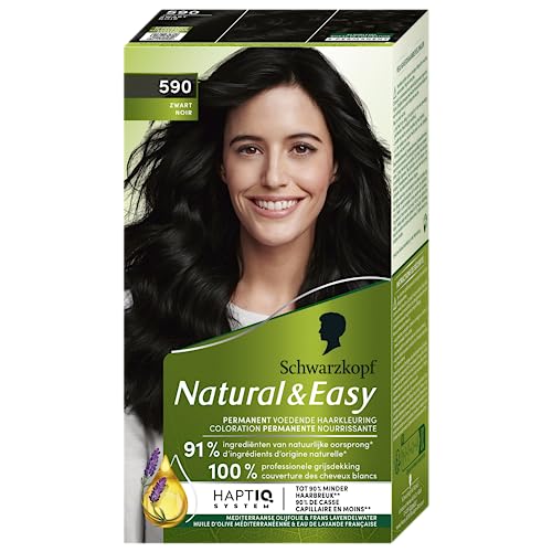 Schwarzkopf - Natural & Easy - Coloration Permanente Naturelle Cheveux - Huile d'olive et Extrait de Lavande - 91 % d'ingrédients d'origine naturelle - Noir 590