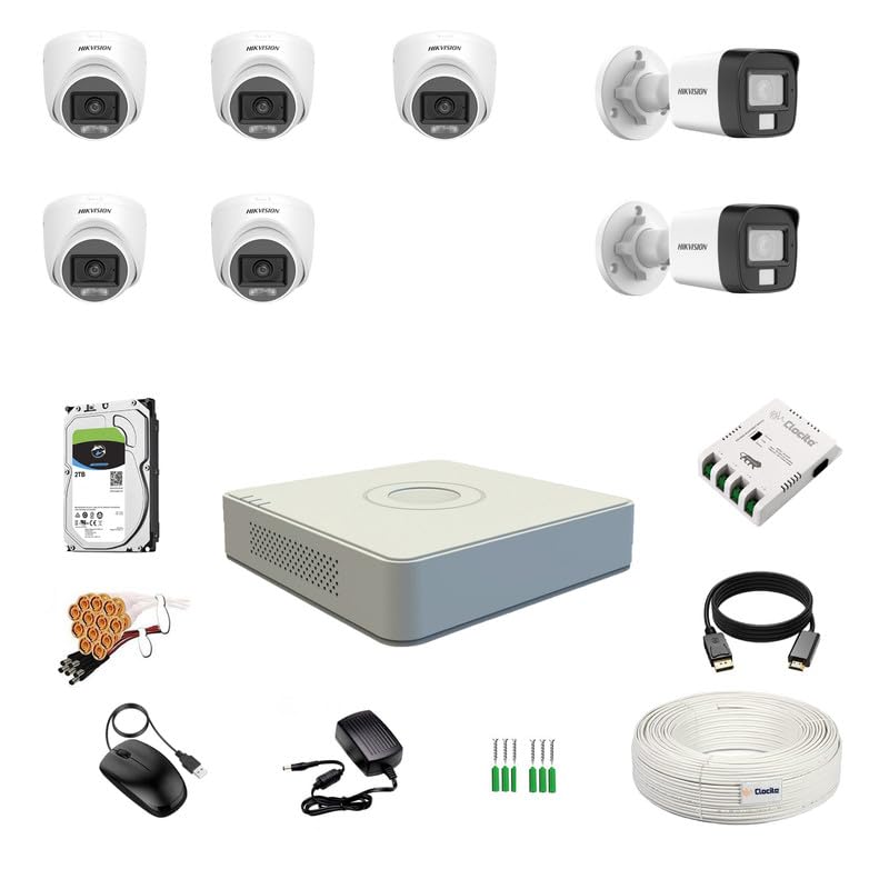 Image of Clocite HIKVISION 3K /5MP 8 Channel DVR, 3K (5MP) 5 Dome & 2 Bullet Cameras [Color Night Vision + Built-in Audio MIC + SMART Dual Light + Motion Detection] + 2 TB HDD 8 CH SMPS + CCTV Cable + BNC /DC