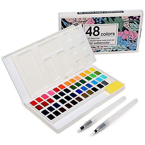 48 Watercolor Paints Set, Art Supplies Portable Watercolor Paint Kit - 2 Refillable Special Water Brush Pens, Sponge and Watercolor Palette